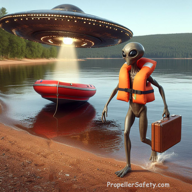 Alien wearing a orange life jacket for National Wear Your Life Jacket to Work day.