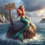 Mermaid in a life jacket promoting Boating Safety and Boat Propeller Safety. Her sign says Mermaids for Propeller Safety.