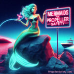 Mermaid promoting Boating Safety and Boat Propeller Safety with a neon sign saying Mermaids for Propeller Safety.