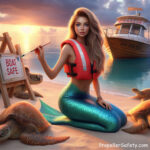 Mermaid wearing a life jacket promoting Boating Safety and Boat Propeller Safety for National Wear Your Life Jacket to Work day. She is painting a Boating Safety sign.