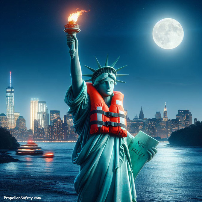 The Statue of Liberty wearing a life jacket in the evening for National Wear Your Life Jacket to Work day.