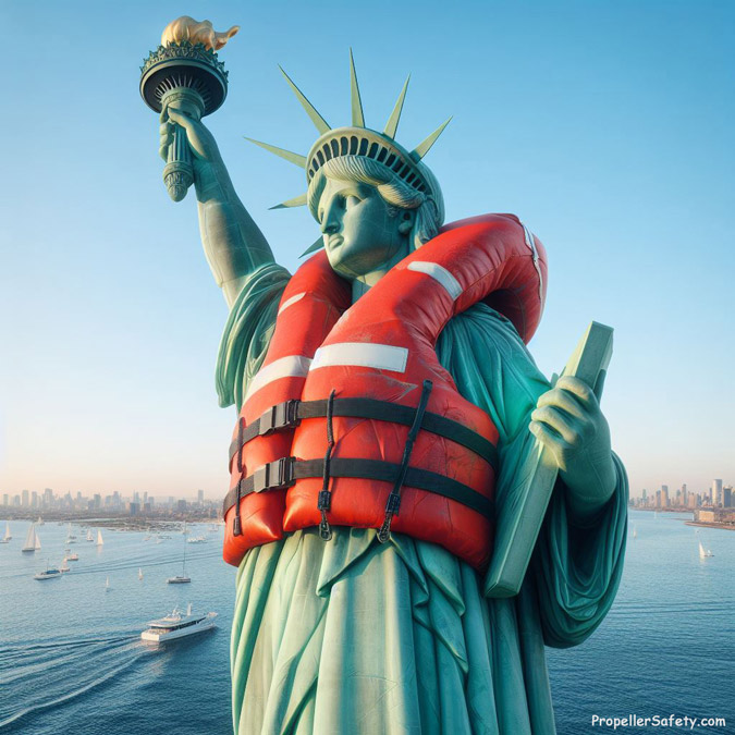 The Statue of Liberty wearing a life jacket for National Wear Your Life Jacket to Work day.